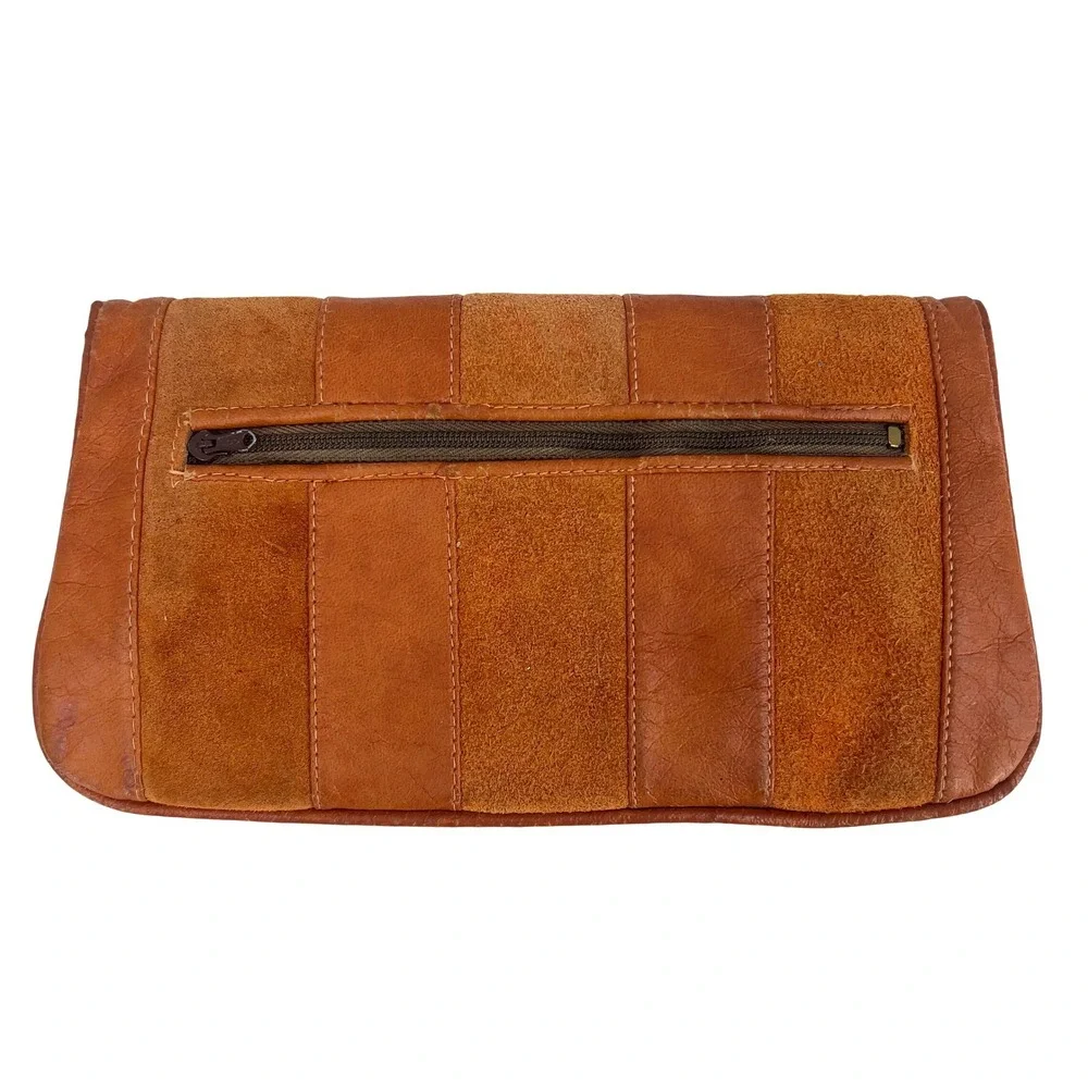 Vintage 70s Leather‎ Suede Patchwork Wallet Cognac Kiss Clasp Mirror Hong Kong